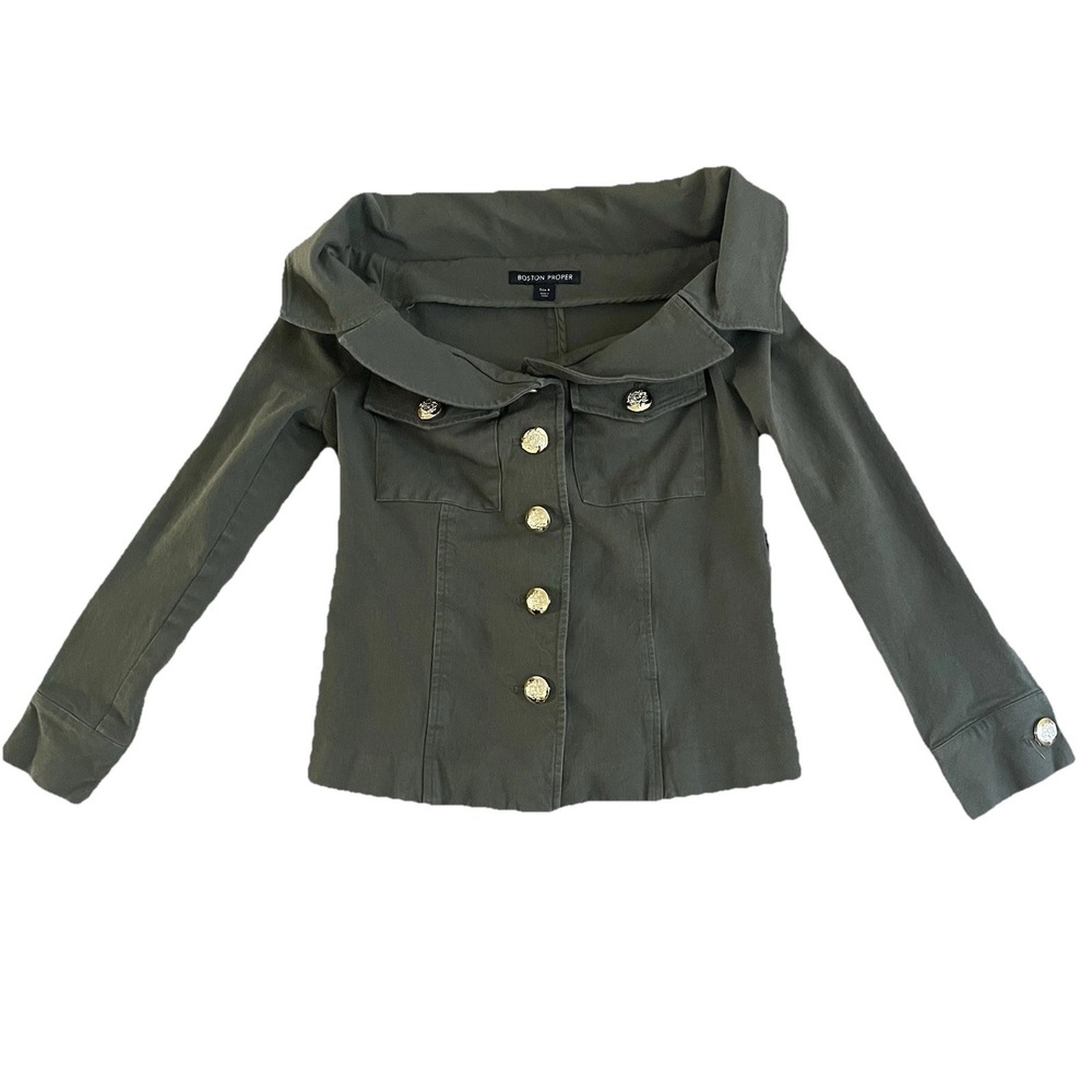 Boston Proper Military Shirt Jacket Size 4 Army Green Gold Buttons OTS No Belt